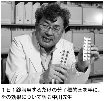 1日1錠服用するだけの分子標的薬を手に、その効果について語る中川先生